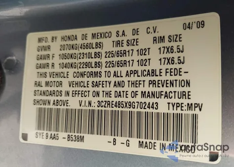 2009 Honda Cr-V Ex z USA, uszkodzony, nr VIN 3CZRE485X9G702443